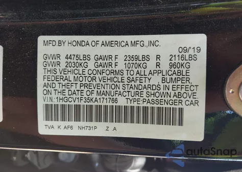 2019 Honda Accord Sport из США, поврежденный, VIN 1HGCV1F35KA171766